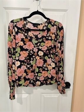 Sanctuary Black Floral V-Neck Button Blouse with Pink & Green Accents